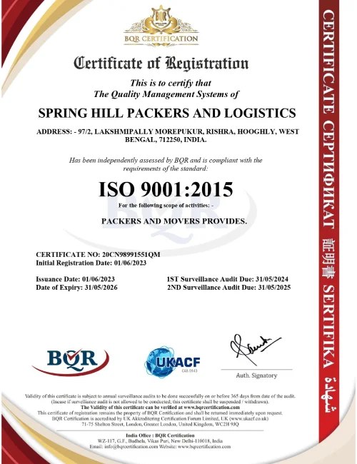 ISO 9001-Aligned Quality Process certificate issued to Spring Hill Packers & Logistics