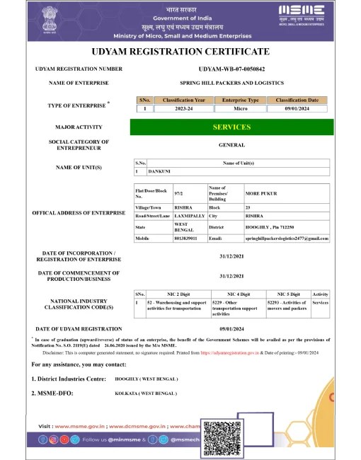 MSME / Udyam Registration certificate issued to Spring Hill Packers & Logistics
